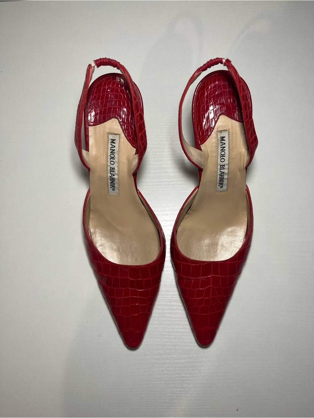 Manolo Blahnik Red Croc-Embossed Pointed Slingback Pumps
